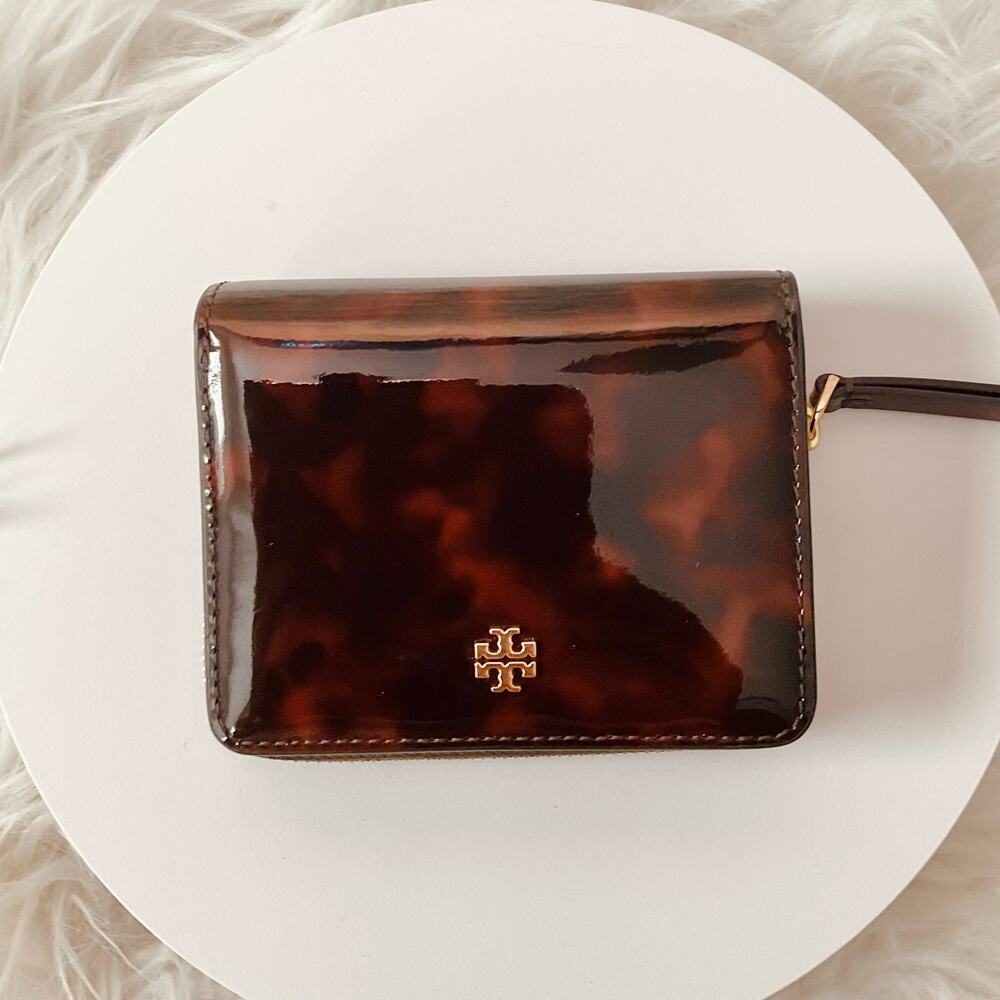 NEW $198 Tory Burch Emerson Bi-Fold Zipper Patent Wallet Tortoise Onyx Exotic - Picture 2 of 5